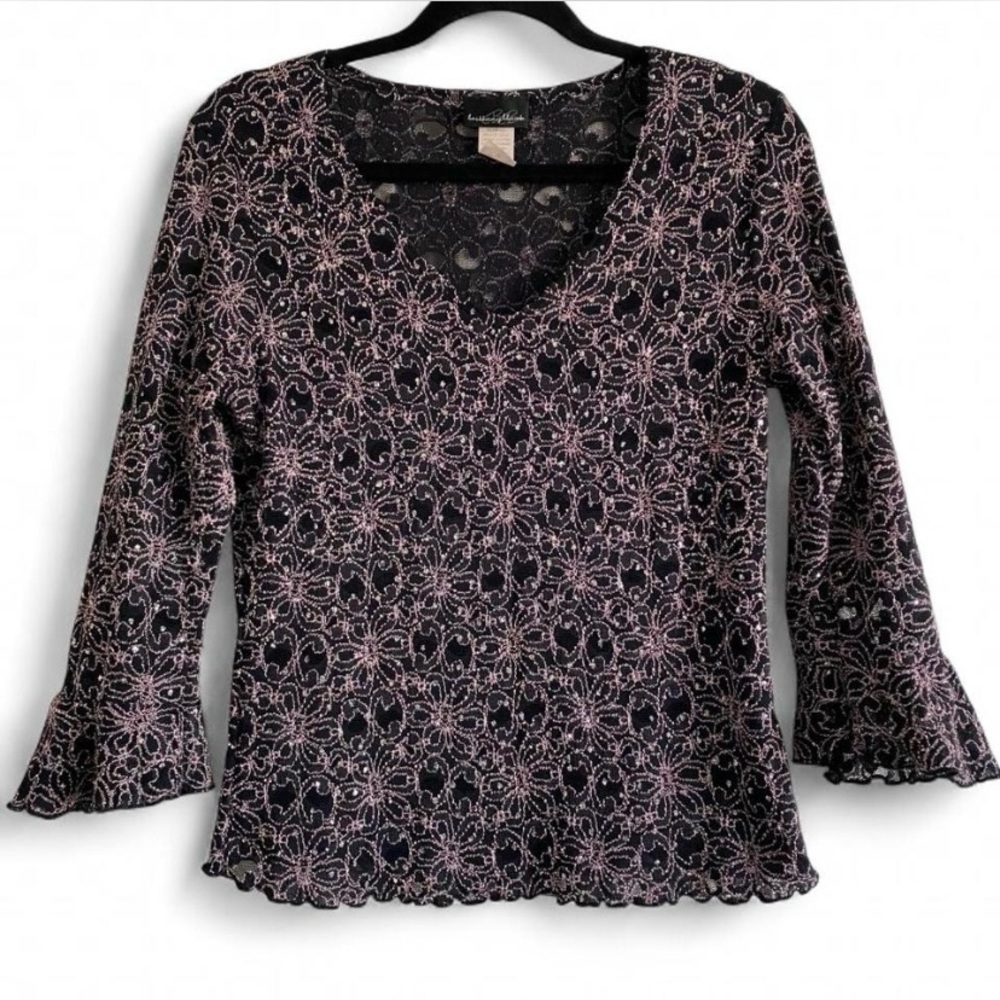 Vintage Brittany Black Mesh Lace Embroidered Top Pink Black M